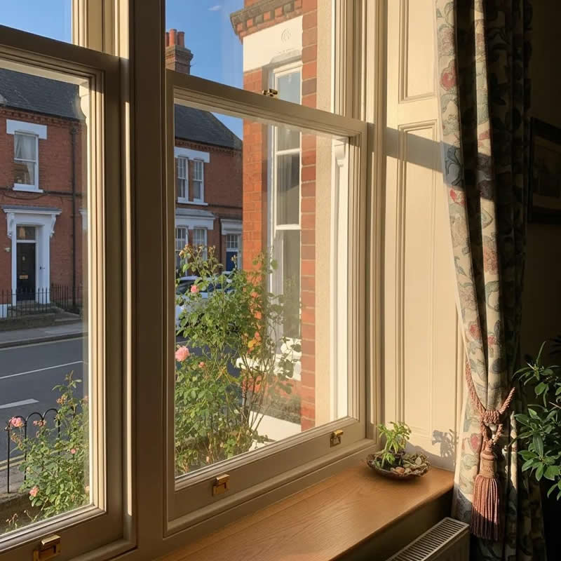 Bespoke secondary glazing unit enhancing traditional UK home's window, showcasing improved thermal efficiency and aesthetics, with natural light illuminating the interior.