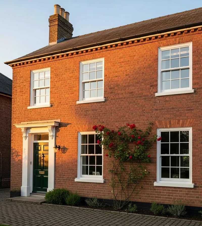 Traditional home exterior featuring double-glazed windows, green front door, and climbing roses, showcasing energy-efficient secondary glazing solutions for residential properties.