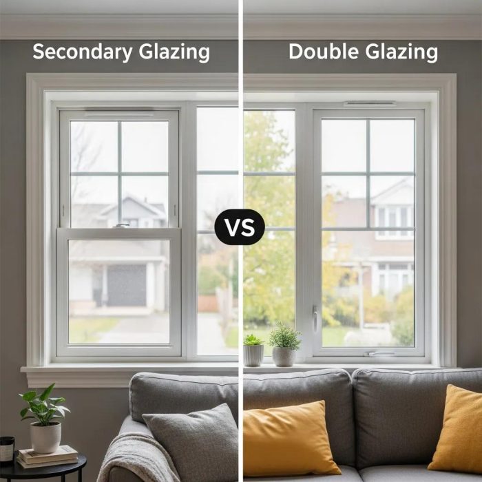 Comparison of secondary glazing and double glazing windows in a residential setting, featuring a clear distinction between the two types of glazing, with labels indicating "Secondary Glazing" on the left and "Double Glazing" on the right, alongside a comfortable living room scene.