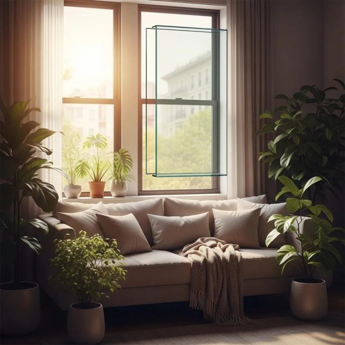 Cozy living room featuring acoustic secondary glazing in a window, with natural light, soft furnishings, and indoor plants, illustrating urban noise reduction solutions.