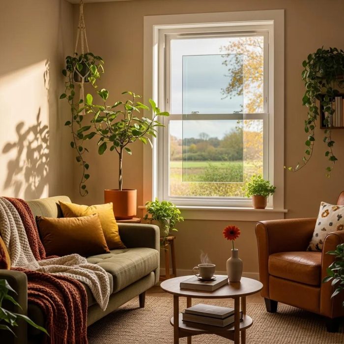 Cozy living room featuring secondary glazing window, enhancing energy efficiency, with indoor plants, comfortable seating, and warm decor.