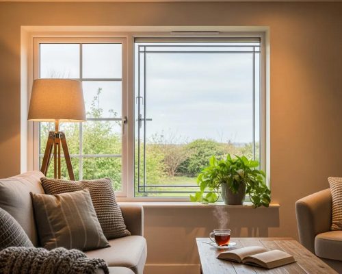 Cozy living room featuring secondary glazing window enhancing energy efficiency, with a lamp, plant, and coffee on a wooden table, illustrating comfort and modern design.
