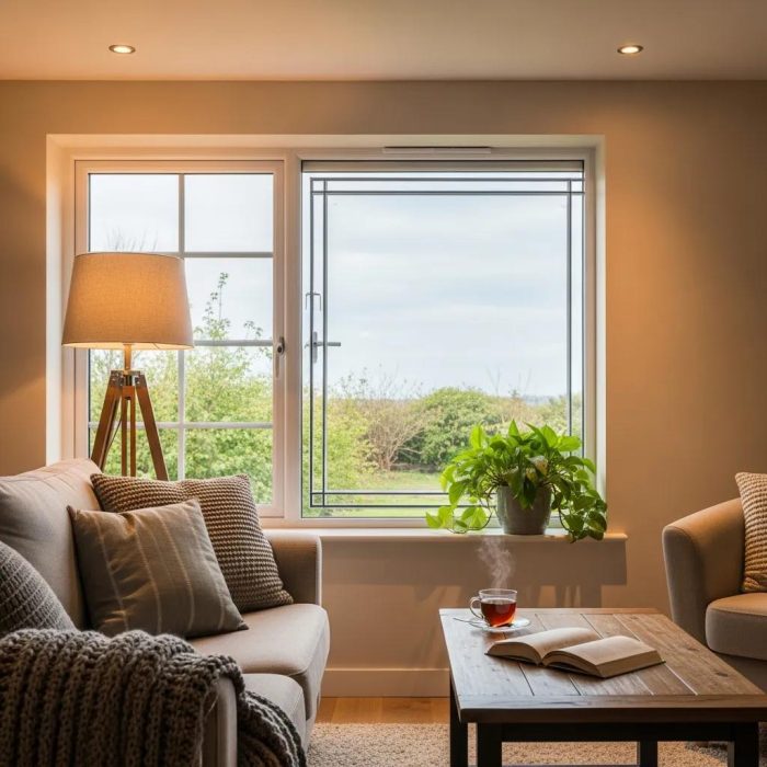 Cozy living room featuring secondary glazing window, enhancing energy efficiency, with a potted plant, a steaming cup of tea, and a book on a wooden table.