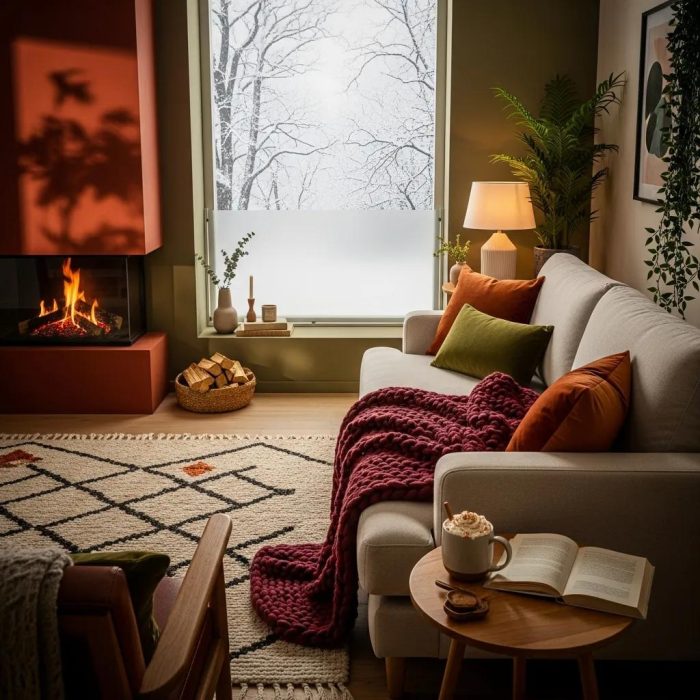 Cozy living room featuring a warm colour palette, a fireplace, and a window with snowy scenery, highlighting comfort and warmth enhanced by secondary glazing solutions.