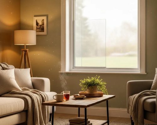 Cozy living room featuring secondary glazing, enhancing energy efficiency and comfort, with a steaming cup of tea on the table and natural light filtering through the window.