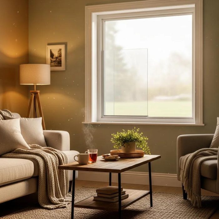 Cozy living room featuring secondary glazing window, enhancing energy efficiency and comfort, with warm lighting, soft furnishings, and a steaming cup of tea on a wooden coffee table.
