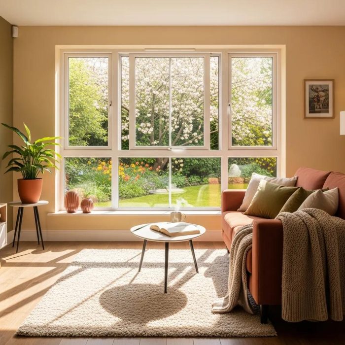 Cozy living room with secondary glazing, showcasing energy efficiency and comfort