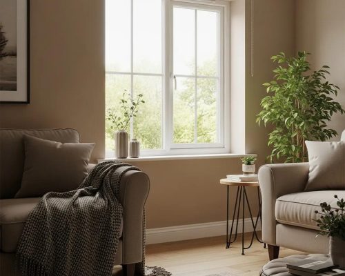 Cozy living room featuring secondary glazing window, enhancing warmth and comfort with natural light, plants, and stylish furnishings.