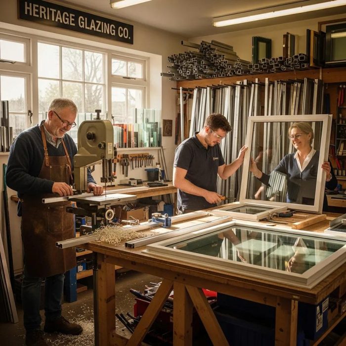 Family-run secondary glazing workshop with craftsmen creating bespoke aluminium frames