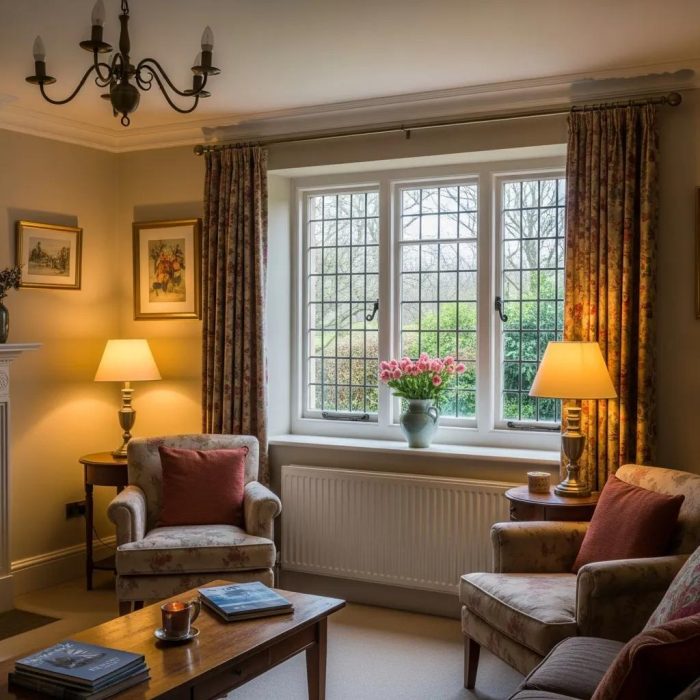 Interior of a period property featuring secondary glazing on historic windows, showcasing a warm and charming living space with floral curtains, comfortable seating, and a well-lit atmosphere.