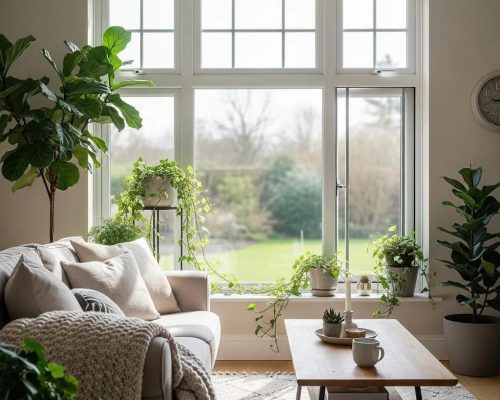 Living room featuring secondary glazing windows, enhancing soundproofing and comfort, with plants and a cozy sofa, showcasing a bright, inviting atmosphere.