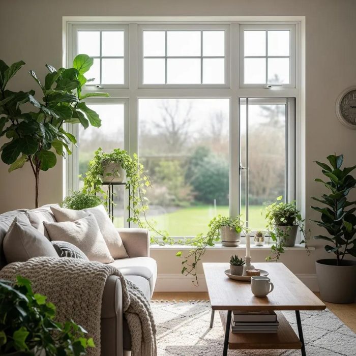 Living room with secondary glazing windows enhancing soundproofing and comfort