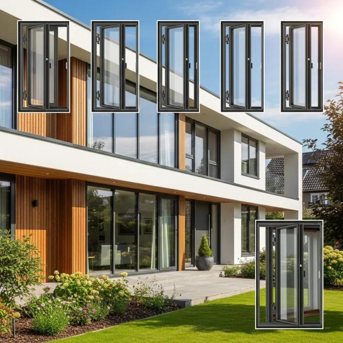 Modern home exterior showcasing hinged secondary glazing options with multiple window styles, enhancing insulation and aesthetics in a secure, accessible design.