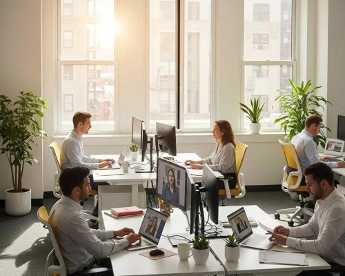 Modern office workspace with secondary glazing, featuring employees working at desks with computers, plants, and natural light enhancing energy efficiency and comfort.