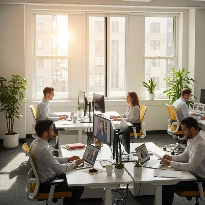 Modern office with secondary glazing enhancing energy efficiency and comfort