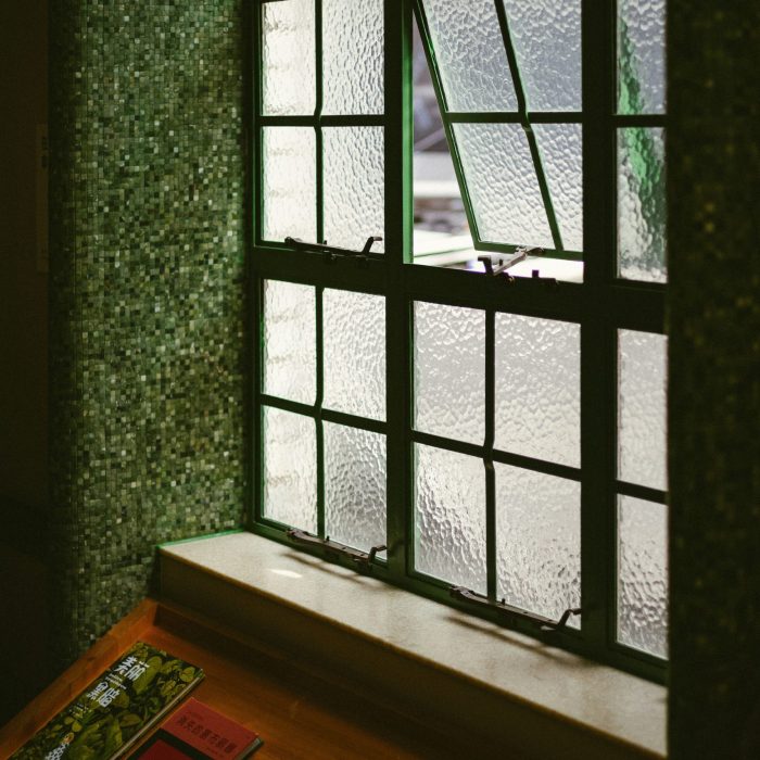 Green-framed window with textured glass, showcasing secondary glazing benefits for improved insulation and soundproofing, with a wooden windowsill and books nearby.